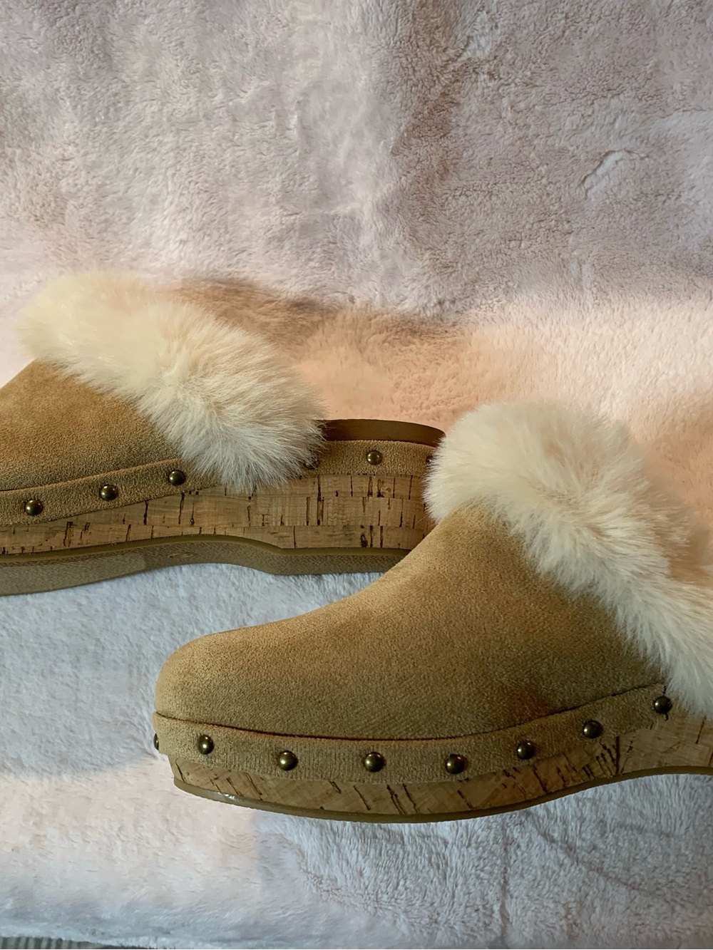 Corkys Tan Faux Suede Clog Mules with Cream Fur Trim